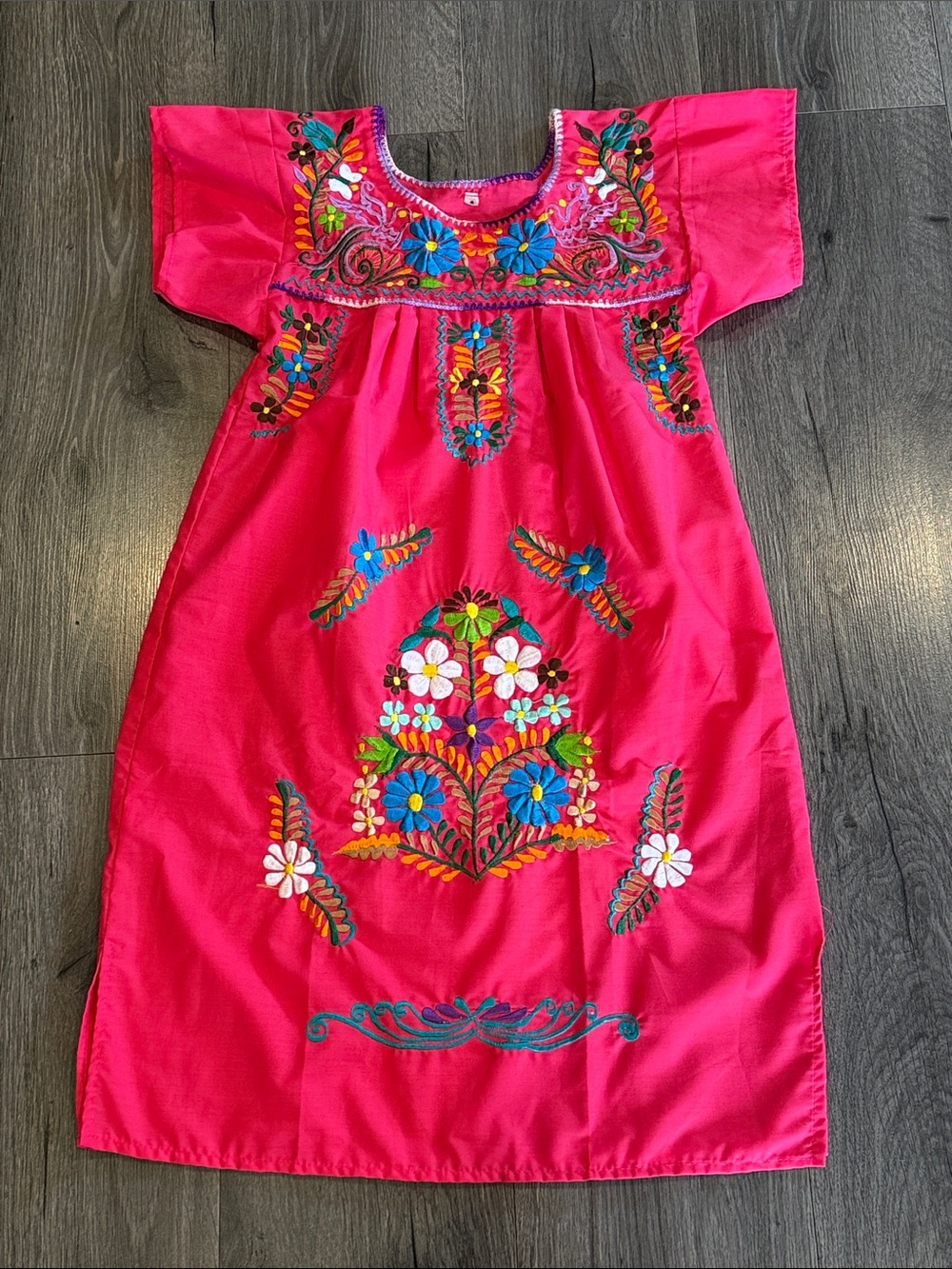 Traditional Mexican Kids Embroidered Floral Dress - Hot Pink
